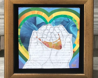 Hands with Nantucket Island Original Fine Art Framed mixed media Collage  6”x6”