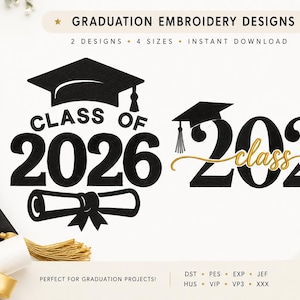 Class of 2026 Embroidery Design | Graduation Machine Embroidery File | DST PES JEF | 2 Designs 5 Sizes | Instant Download | Senior 2026