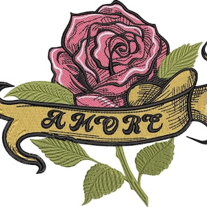 Rose Embroidery Design, Vintage Tattoo Style Rose Patch, Rose with Ribbon Banner Machine Embroidery