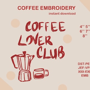 Broderidesign för kaffeälskare, broderifil för mokakanna, mönster för kaffekopp, present till barista, tygkasse med huva och förkläde, PES DST JEF