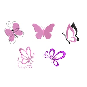 Puede incluir: Cinco diseños estilizados de mariposas en tonos rosa y morado sobre un fondo blanco. Las mariposas varían en estilo, incluyendo diseños sólidos, delineados y adornados con estrellas y líneas punteadas.