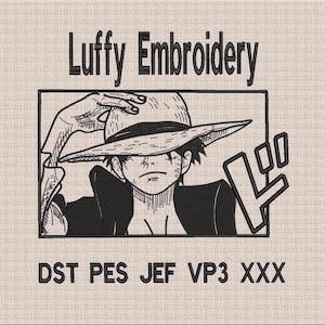 Könnte beinhalten: Ein schwarz-weißes Stickdesign, das eine Figur mit einem Strohhut zeigt, deren Hand auf der Krempe ruht. Der Text Luffy Embroidery befindet sich über dem rechteckigen Rahmen und der Text DST PES JEF VP3 XXX steht darunter.