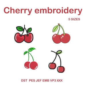 Puede incluir: Imagen con cuatro diseños de bordado de cerezas. Cada diseño muestra cerezas rojas con hojas y tallos verdes. El texto "Cherry embroidery" y "5 sizes" es rojo. Formatos de archivos de bordado listados en la parte inferior.
