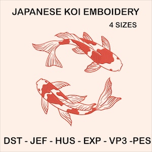 Puede incluir: Ilustración de dos carpas koi rojas y blancas, con el texto "JAPANESE KOI EMBROIDERY" y "4 SIZES" en negro. La parte inferior de la imagen tiene el texto "DST - JEF - HUS - EXP - VP3 - PES". El fondo es de color beige claro.