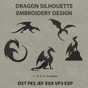 Puede incluir: Un archivo de diseño de bordado digital con cinco siluetas de dragón negras distintas sobre un fondo gris texturizado. El texto dice DRAGON SILHOUETTE EMBROIDERY DESIGN, 1-2-3-4-5 inches, y los formatos DST PES JEF XXX VP3 EXP.