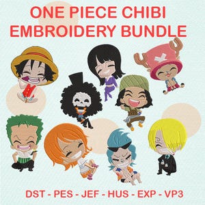 Puede incluir: Un paquete de bordado con nueve personajes de estilo chibi de la serie de anime One Piece. Los personajes están en varias poses y atuendos, con colores vibrantes y costuras detalladas. El texto "ONE PIECE CHIBI EMBROIDERY BUNDLE" se muestra en la parte superior.