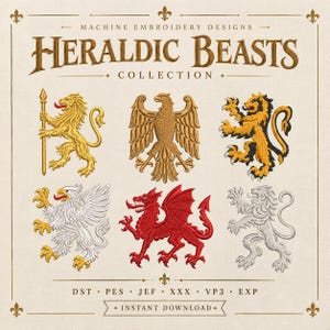 Puede incluir: Una colección de diseños de bordado a máquina titulada HERALDIC BEASTS que presenta seis iconos bordados: un león dorado con un bastón, un águila dorada, un león dorado y negro, un grifo blanco y dorado, un dragón rojo y un león plateado.