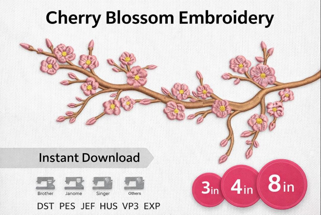 Cherry Blossom Branch Embroidery Design Sakura Flower Pattern Spring ...