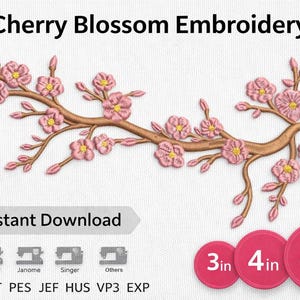 Puede incluir: Diseño de bordado de flores de cerezo, con una rama marrón y flores y capullos rosas. Disponible en tamaños de 7,6 cm, 10,2 cm y 20,3 cm. Se muestran las palabras "Cherry Blossom Embroidery" e "Instant Download".