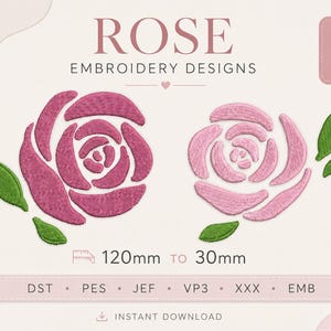 Puede incluir: Diseños de bordado de rosas, con dos patrones florales en tonos rosados y hojas verdes. El texto "ROSE EMBROIDERY DESIGNS" está en la parte superior. Los diseños varían de 12 cm a 3 cm. Incluye formatos DST, PES, JEF, VP3, XXX y EMB.