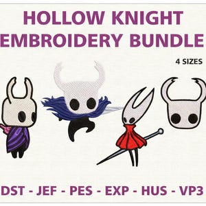 Puede incluir: Un paquete de bordado con cuatro diseños de Hollow Knight. Los diseños incluyen personajes con cabezas blancas, ojos negros y varios atuendos. El texto "HOLLOW KNIGHT EMBROIDERY BUNDLE" está en la parte superior, con "4 SIZES" debajo.