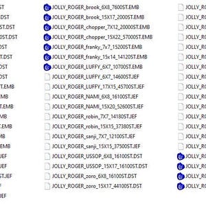 May include: A selection of digital embroidery files, featuring names such as "JOLLY_ROGER_chopper" and character names. The files are arranged in rows and columns, with file extensions including .DST, .EMB, and .JEF.