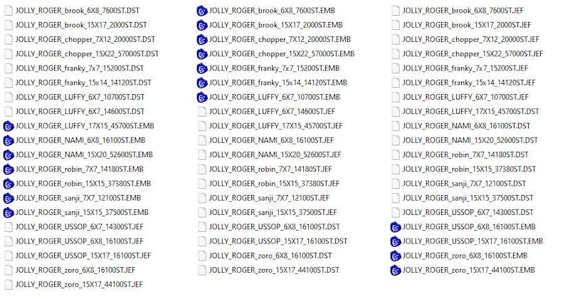 May include: A selection of digital embroidery files, featuring names such as "JOLLY_ROGER_chopper" and character names. The files are arranged in rows and columns, with file extensions including .DST, .EMB, and .JEF.