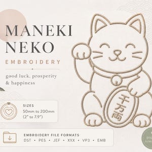 Puede incluir: Un diseño de bordado digital con un gato Maneki Neko con una pata levantada y una moneda. El texto incluye MANEKI NEKO EMBROIDERY, good luck, prosperity & happiness, tamaños de 50mm a 200mm y formatos de archivo DST, PES, JEF, XXX, VP3, EMB.