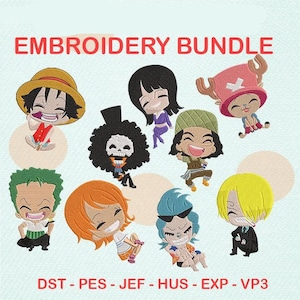Puede incluir: Un paquete de bordado que presenta nueve diseños coloridos de personajes de anime en estilo chibi. El texto EMBROIDERY BUNDLE aparece en la parte superior, y los formatos de archivo DST, PES, JEF, HUS, EXP y VP3 se enumeran al pie de la imagen.