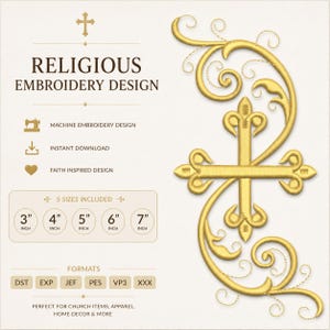 Puede incluir: Un diseño de bordado a máquina de color dorado que presenta una cruz con adornos de filigrana en espiral. El texto dice RELIGIOUS EMBROIDERY DESIGN, con iconos de máquina, descarga y corazón. Se incluyen cinco tamaños: 3, 4, 5, 6 y 7 pulgadas.