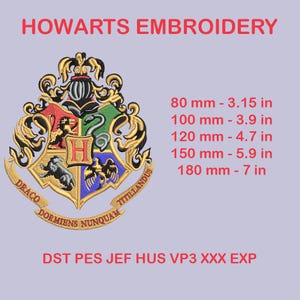 May include: Embroidered crest with gold, red, green, and blue details, featuring text "HOWARTS EMBROIDERY". Includes size options: 80 mm, 100 mm, 120 mm, 150 mm, and 180 mm. The design also includes the text "DRACO", "TITILLANDUS", and "DORMIENS NUNQUAM".