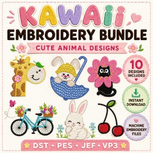 Puede incluir: Un paquete de bordado digital con diseños de animales lindos. La imagen incluye una jirafa, un conejo, un gato, una bicicleta y cerezas. El texto dice "KAWAII EMBROIDERY BUNDLE" y "CUTE ANIMAL DESIGNS". Incluye 10 diseños y descarga instantánea.