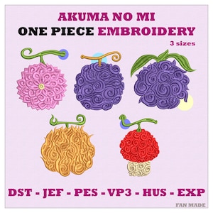 Puede incluir: Imagen que presenta cinco frutas Akuma no Mi bordadas de One Piece. Las frutas son de varios colores, incluyendo rosa, morado, naranja y rojo, con tallos verdes. El texto "AKUMA NO MI ONE PIECE EMBROIDERY" se muestra en la parte superior.