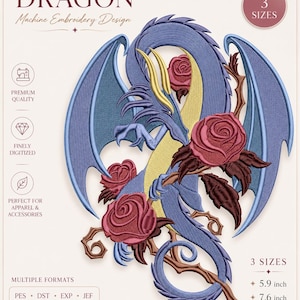 Puede incluir: Un diseño de bordado a máquina con un dragón azul de cuernos amarillos, entrelazado con rosas rojo oscuro y enredaderas espinosas marrones. El texto dice DRAGON Machine Embroidery Design, 3 SIZES, y enumera formatos como PES, DST, EXP, JEF, VP3, HUS, XXX, con tamaños de 15 cm, 19,3 cm y 24,6 cm.