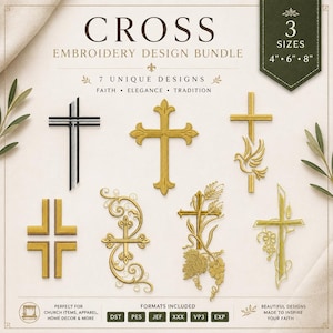 Puede incluir: Un paquete de diseños de bordado con siete motivos de cruz distintos en oro y negro. El texto dice CROSS EMBROIDERY DESIGN BUNDLE, 3 SIZES 4" 6" 8", 7 UNIQUE DESIGNS, FAITH ELEGANCE TRADITION, e incluye los formatos DST, PES, JEF, XXX, VP3, EXP.