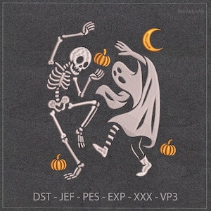 May include: An embroidery design on a dark grey fabric featuring a white skeleton and a white ghost dancing together. The scene includes three orange pumpkins and a yellow crescent moon. Text at the bottom reads DST - JEF - PES - EXP - XXX - VP3.