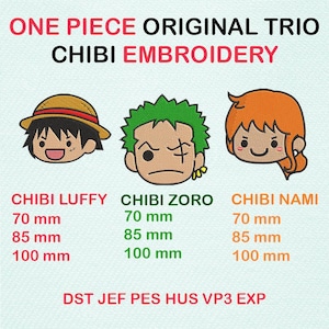 Puede incluir: Imagen de tres diseños de bordado chibi de personajes de One Piece: Luffy, Zoro y Nami. Cada personaje tiene rasgos y colores distintivos. El texto incluye "ONE PIECE ORIGINAL TRIO CHIBI EMBROIDERY" y opciones de tamaño en milímetros.