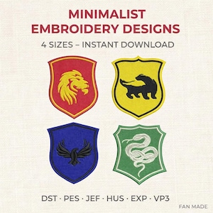 Puede incluir: Cuatro diseños de bordado en forma de escudo. Cada escudo presenta un animal diferente: un león amarillo sobre un escudo rojo, un tejón negro sobre un escudo amarillo, un águila negra sobre un escudo azul y una serpiente blanca sobre un escudo verde. Texto: "MINIMALIST EMBROIDERY DESIGNS".