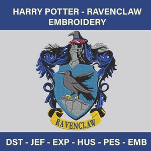 May include: Ravenclaw embroidery design featuring the Ravenclaw crest from Harry Potter. The crest is a shield shape with a raven, blue and black accents, and the text "RAVENCLAW" on a yellow banner. The text "HARRY POTTER - RAVENCLAW EMBROIDERY" is at the top.