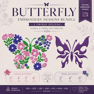 Butterfly Embroidery Design Bundle | Floral & Tribal Butterfly Machine Embroidery Files | PES DST JEF VP3 | Instant Download Boho Butterfly