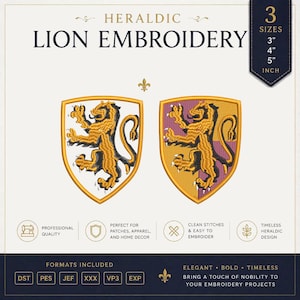 Puede incluir: Dos diseños de bordado de león heráldico con un león dorado sobre un escudo. Un escudo tiene fondo blanco, el otro fondo cuartelado morado y dorado. El texto incluye HERALDIC LION EMBROIDERY y 3 tamaños: 3", 4", 5" pulgadas.