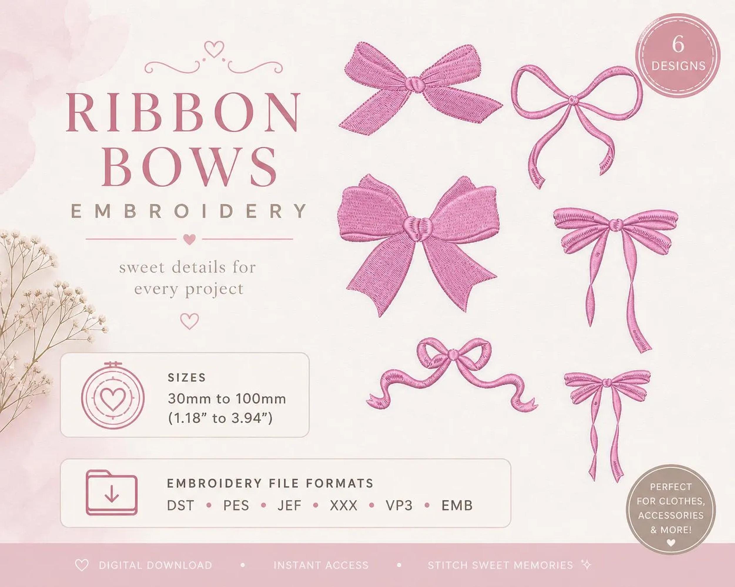 Ribbon Bow Embroidery File Bundle | Coquette Machine Embroidery Pattern ...