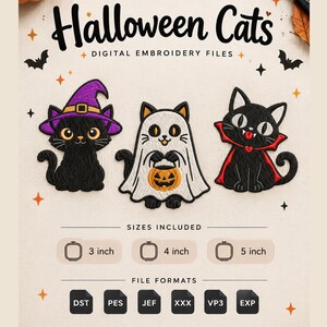 Halloween Cats Embroidery Design, Black Cat Machine Embroidery Files, Witch Ghost Vampire Cat Patch, Spooky Cute Instant Download