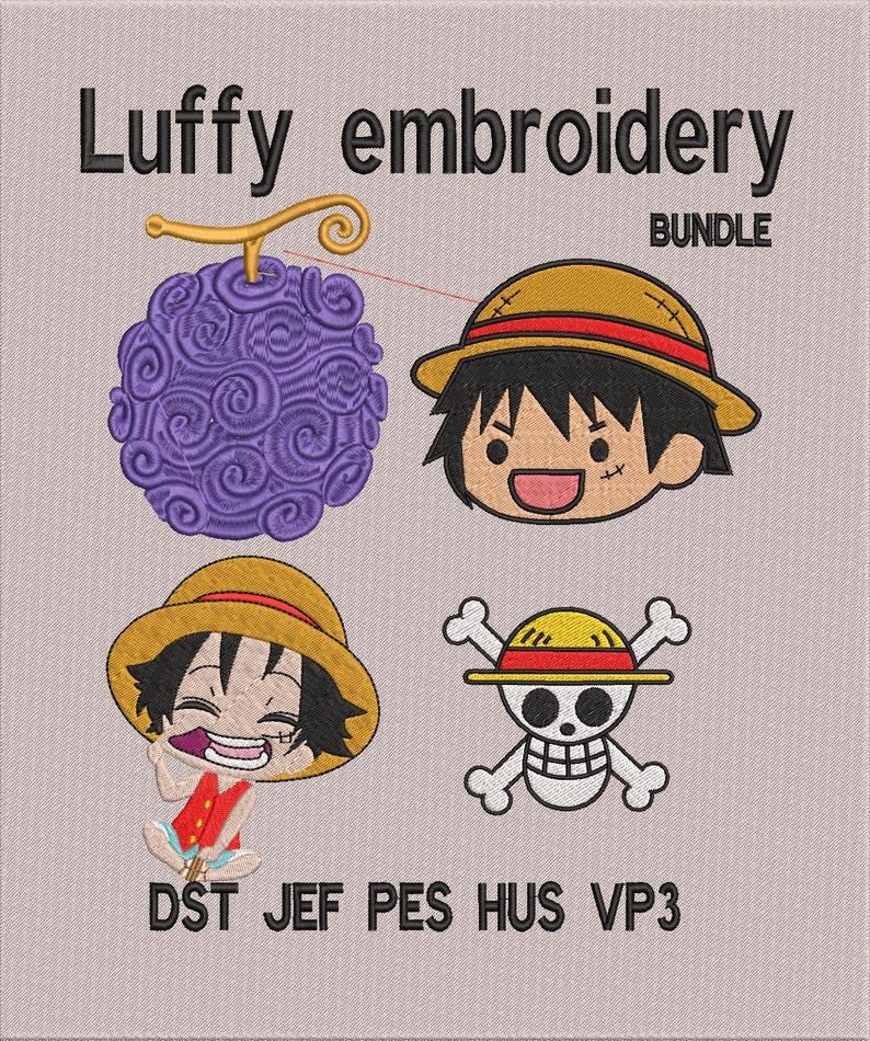 Luffy Embroidery Bundle One Piece Straw Hat Jolly Roger Chibi Gomu Gomu ...