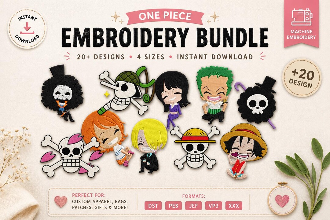 One Piece Embroidery Bundle Straw Hats Pirates Jolly Roger Chibi