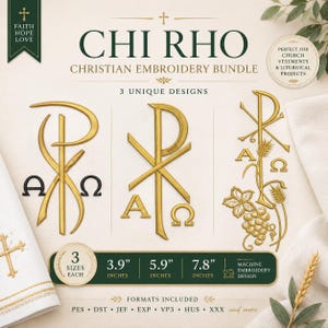Könnte beinhalten: Ein digitales Set für Chi Rho christliche Stickereien mit drei goldenen Motiven inklusive Alpha- und Omega-Symbolen. Der Text enthält Chi Rho, 3 einzigartige Designs sowie die Größen 3,9 Zoll, 5,9 Zoll und 7,8 Zoll für Maschinenstickerei.
