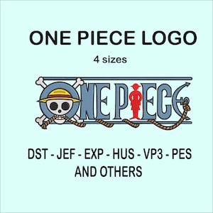 Puede incluir: Un gráfico azul claro con el "ONE PIECE LOGO" en texto negro sobre el diseño del logotipo. El logotipo incluye una calavera con un sombrero de paja, el texto "ONE PIECE" y una figura roja. También se incluye el texto "4 tamaños".