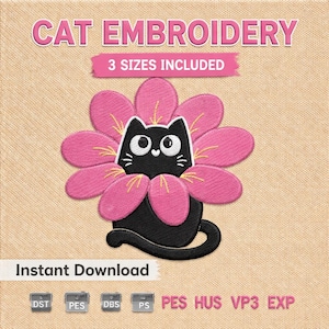 Cute Cat Embroidery Design  Kawaii Kitty Flower Embroidery Floral Machine Embroidery Pattern Instant Download