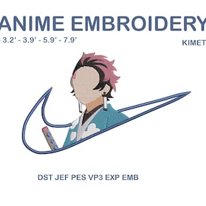 Peut inclure: Motif de broderie animé avec un personnage dans un swoosh bleu. Le personnage a les cheveux roses et une tenue bleu sarcelle et blanche. Le texte "ANIME EMBROIDERY" est en haut, avec des mesures de taille en dessous. Le mot "KIMET" est à droite.