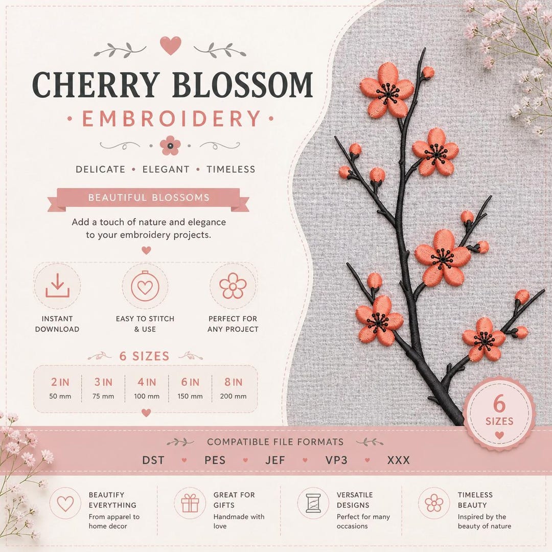 Cherry Blossom Machine Embroidery Design | Sakura Branch Pattern 50 to ...