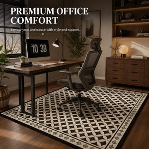 May include: A home office setup featuring a dark wood desk with a black metal frame, a gray ergonomic chair, and a patterned rug. The text "PREMIUM OFFICE COMFORT" is displayed above the desk, with the time 10:39 on the computer screen.