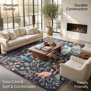 Black Animal Pattern Rug, Forest Wildlife Area Rug, Modern Living Room Carpet, Bedroom Floor Mat, Soft Indoor Rug, Nature Home Decor