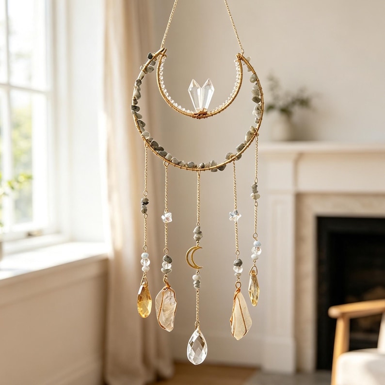 May include: A hanging wall ornament featuring a gold-toned crescent moon frame adorned with small grey stones and a central clear crystal point. Five gold chains dangle from the frame, decorated with clear beads, grey stones, a small gold moon, and faceted crystal drops.