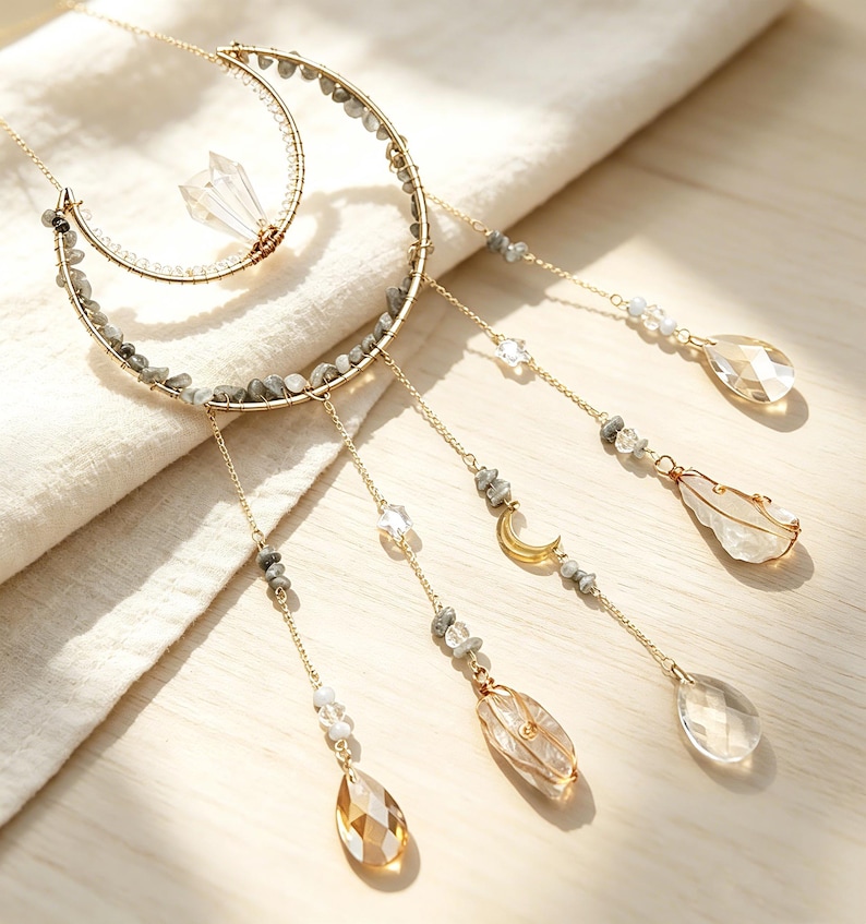 Moon Sun Catcher with Natural Crystal Point, Celestial Window Hanging, Boho Home Decor, Crystal Gift for Her image 5