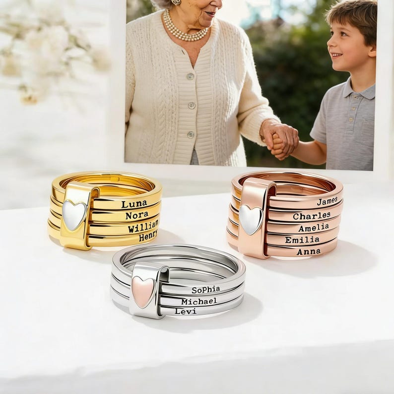Custom Heart Name Ring, Personalized Stacking Band, Engraved Family ...
