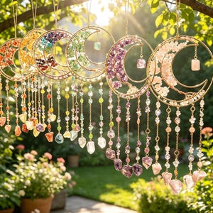 Rainbow Crystal Moon Suncatcher, Tree of Life Window Hanging, Boho Wind Chime, Sun Catcher Decor, Gift for Mom, Couples