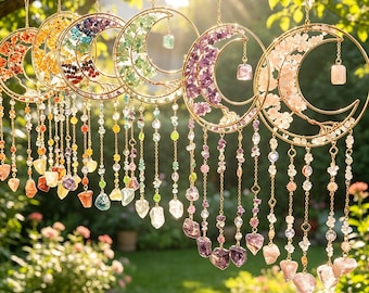 Rainbow Crystal Moon Suncatcher, Tree of Life Window Hanging, Boho Wind Chime, Sun Catcher Decor, Gift for Mom, Couples