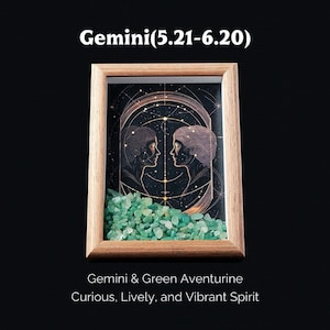 May include: A framed artwork featuring the Gemini zodiac sign with two facing figures, set against a starry background. The frame is filled with green aventurine crystals. Text reads "Gemini (5.21-6.20)" and "Gemini & Green Aventurine: Curious, Lively, and Vibrant Spirit."