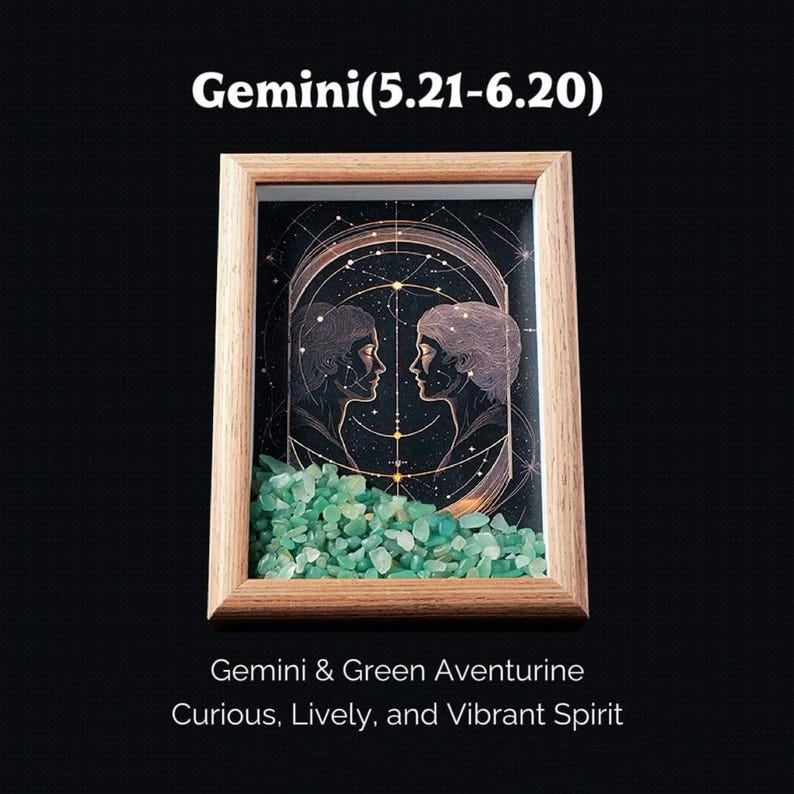 May include: A framed artwork featuring the Gemini zodiac sign with two facing figures, set against a starry background. The frame is filled with green aventurine crystals. Text reads "Gemini (5.21-6.20)" and "Gemini & Green Aventurine: Curious, Lively, and Vibrant Spirit."