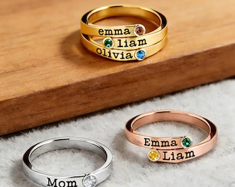 Personalized Birthstone Name Ring, Custom 1-6 Birthstones Family Ring, Engraved Stackable Ring, Mother's Day Birthday Gift for Mom